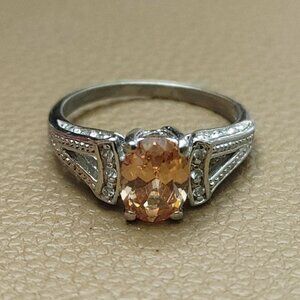 Citrine Ring 9mm Sterling Silver 925 Engagement 7 Ring Simulated Diamond Accents